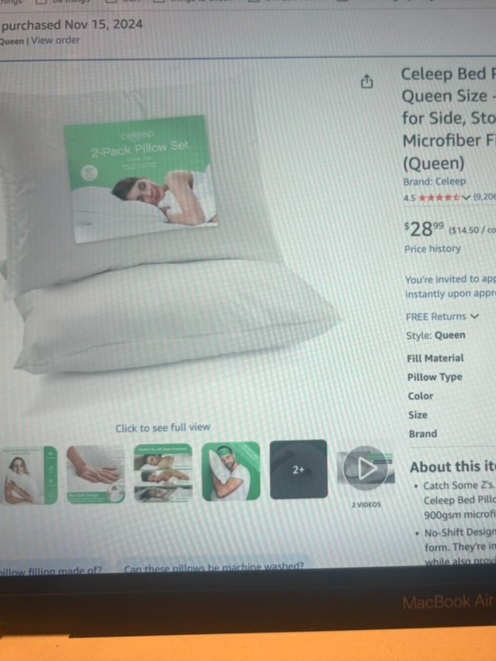2 celeep bed pillows queen size. Never used for sleeping, only for decoration.
